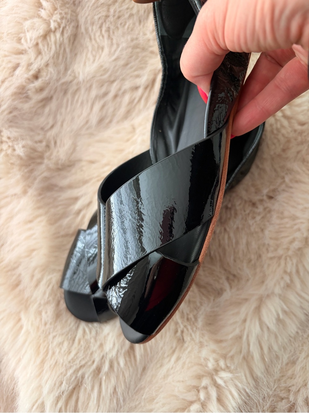 MERCEDES CASTILLO Black Patent Crisscross Peep-Toe Mules with Tan Heel Tab - Picture 9 of 9
